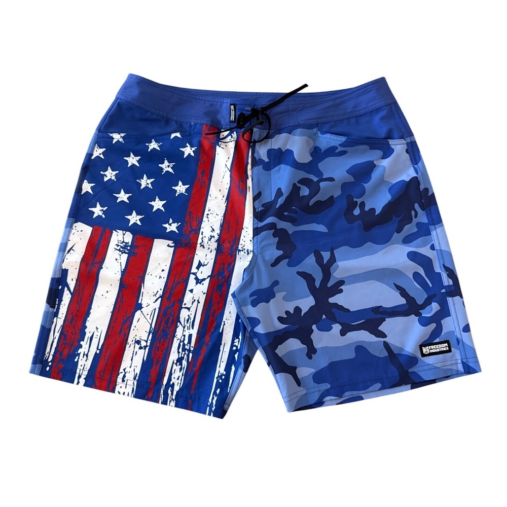 Freedom Industries Mens Patriotic Board Shorts American Flag Camo XL Blue Trunks